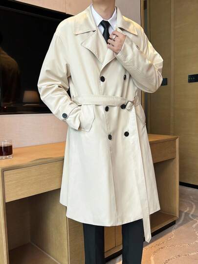 Manfinity Hypemode Men's Solid Lapel Collar Long Sleeve Double-Breasted Casual Trench Coat, Beige, A Great Gift For Your Boyfriend, Men Korean Style, European Style, Old Money , Fall