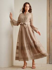 Anewsta Robe à manches longues avec col Mandarin, style élégant et de palais, à motif de dentelle fleurs creuses hydrosoluble, avec nœud papillon - Tabac - Voir 7