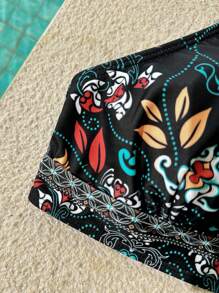 SHEIN VCAY Plus Size Vintage Floral Print Swimsuit Top Boho - Black - View 3