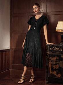 ZEYLAH Thời trang thanh lịch cho phụ nữ dài ren váy với eo định nghĩa - màu đen - Xem 6