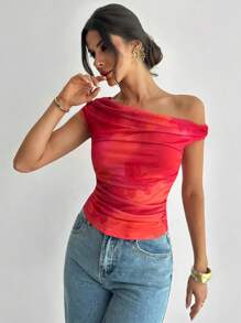 Firerie 女式斜肩渐变褶不对称领口 T 恤，花卉印花上衣，斜肩衬衫，春夏服装，适合海滩、通勤、优雅、性感、度假、波西米亚风、夏威夷风、音乐节、浪漫、约会 - 彩色 - 查看 7