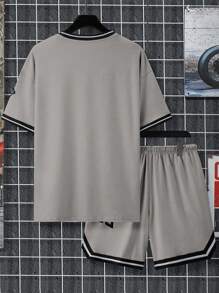 Manfinity Homme 2pcs Striped & Letter Print Short Sleeve T-Shirt And Basketball Shorts With Drawstring Pockets, Summer Casual Set - Grey - View 2