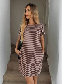 SHEIN LUNE 条纹短袖休闲连衣裙，简约时尚，适合日常穿着