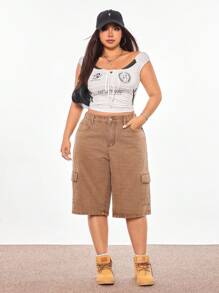 SHEIN ICON Vaqueros tipo cargo azul lavado de corte relajado con bolsillos grandes