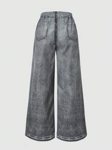 SHEIN Pantalones holgados con estampado de mezclilla sintética para niñas preadolescentes, adecuados para uso casual, vacaciones, estilo callejero y fiestas