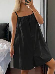 DAZY 简约纯色露背宽松阔腿短款女式连体裤家居服睡衣 - 黑色 - 查看 3