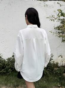 SHEIN Loose Casual Comfortable Butterfly Embroidered Collar Long Sleeve Shirt, Suitable For School Back To School Season, Teen Girls - White - View 2