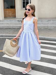 SHEIN Tween Girls Blue And White Striped Midi Dress With Square Neck And Flared Hem Girls Blue Striped Dress Tween Girl Striped Dress Girls Striped Summer Dress
