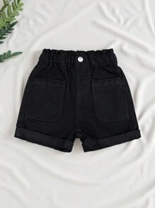 SHEIN 女嬰黑色休閒寬鬆牛仔短褲，帶有彈性腰帶和刺繡花卉圖案 - 黑色 - 查看 5
