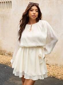 Elaquor Váy dài tay bằng vải chiffon mỏng bó eo cỡ lớn thường ngày - Màu be - Xem 4