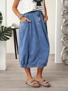 EMERY ROSE Women's Loose Casual Flower Bud Denim Skirt With Pockets - Blue - View 7