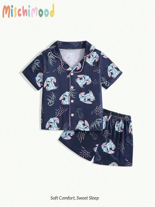 Young Girl' Cute Cartoon Floppy Ear Blue Rabbit Print Short Sleeve Shorts 2 Pieces Comfy Casual Pajamas Set Boys Pj Summer Set Summer Pajama Set Stitch Pajama Set Pajama Short Sets For Boys Toddler Boy Pajama Set
