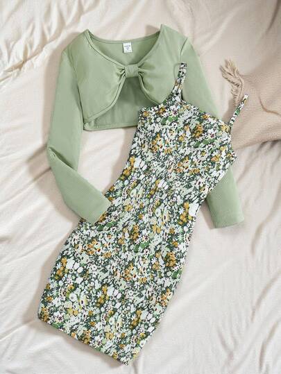 SHEIN Vintaside Kids Tween Girl Solid Color Long Sleeve Crop Top And Floral Print Spaghetti Strap Dress 2pcs/Set