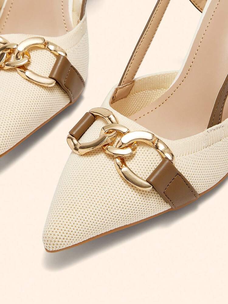 CUCCOO BASICS Women's Chic Mix Fabric Back Strap Chunky Heel Pointed Toe PU Leather Commute Slingback Pumps, Suitable For Dating, Party, Vacation For Christmas Spring Shoes