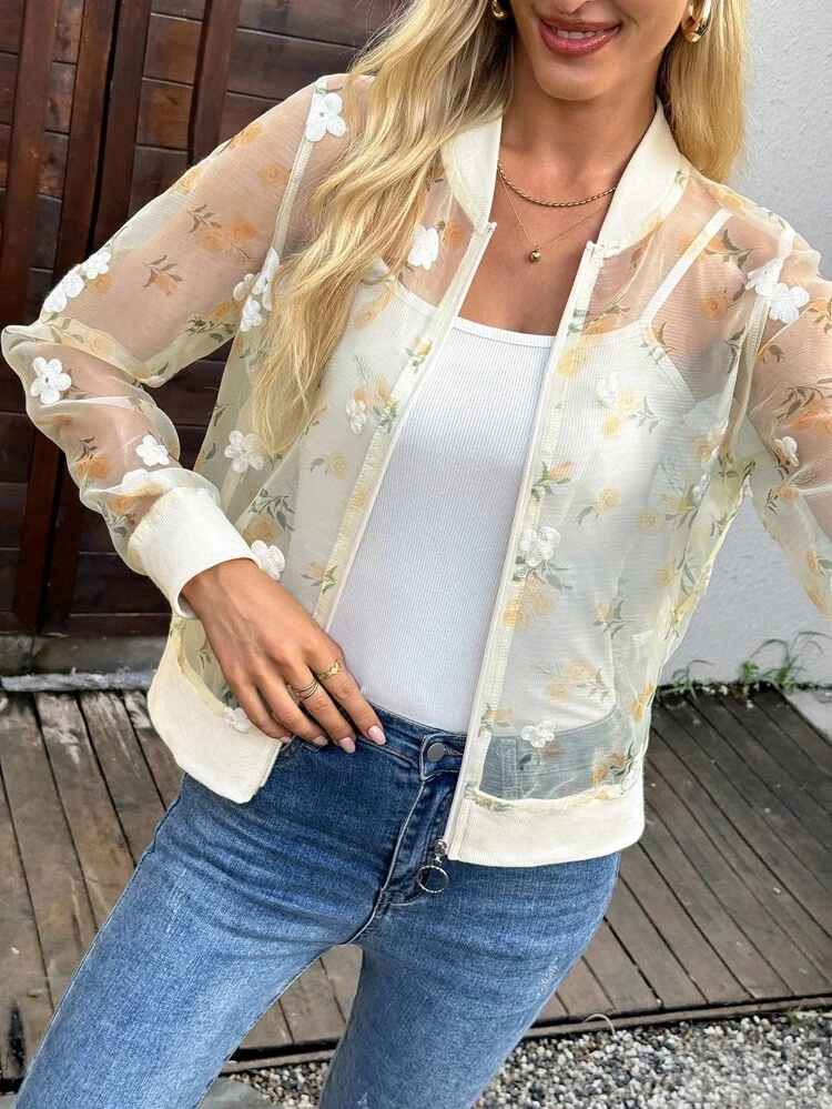 Regular Casual Printed Knit Splice Woven Women Jacket, See Through Sheer Jacket Fall Autumn Going Out