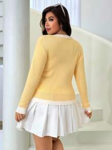 SHEIN EZwear 大码女式休闲长袖单排扣针织开衫 - 黃色 - 查看 2