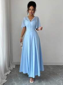 Elenzga Nuevo vestido casual y ligero de mujer con cuello en V de gasa, manga con volantes, botones al frente y dobladillo plisado, adecuado para ir al trabajo, citas, vacaciones y uso diario versátil, con efecto estilizador de la cintura y elegante
