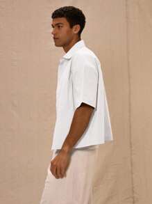 Musero Boxy Fit Oversized Pocket Detail Button Through Short Sleeve Shirt Winter Layering - White - View 2