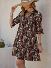 Shutterstock Glamance Robe courte d'été décontractée à col en V plongeant, imprimé allover, manches évasées pour femme. Robe-chemise tunique de femme à manches 3/4, imprimé abstrait - Marron - Voir 6