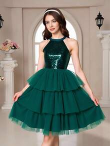 Sparklyn 少女优雅天鹅绒串珠无袖修身网眼蛋糕裙，秋冬奢华派对礼服 - 墨綠色 - 查看 1