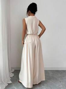 SHEIN PETITE 1 Set Women's Casual/Commuting Textured Apricot Collared Sleeveless Belted Shirt + Women's Casual/Commuting Textured Apricot Ruffled Faux Pocket Wide-Leg Pants, Spring/Summer