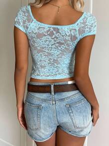 SHEIN EZwear Women Floral Lace Bow Decor Raglan Sleeve Slim Fit Fashionable Short Sleeve T-Shirt,Date Night Outfits Women