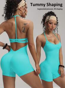 Slayform Women's Solid Color Backless Halter Neck Romper Jumpsuit - Blue - View 2