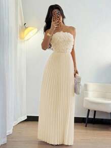 Rafferiza 女式夏季 3D 花卉拼布荷叶边下摆连衣裙，优雅迷人 - 杏色 - 查看 5