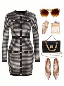 Ellevyn Váy bó sát tay dài họa tiết kẻ caro thanh lịch dành cho nữ vào mùa đông, màu sắc tương phản, chi tiết nút, thích hợp mặc trong ngày lễ - Đen và trắng - Xem 1