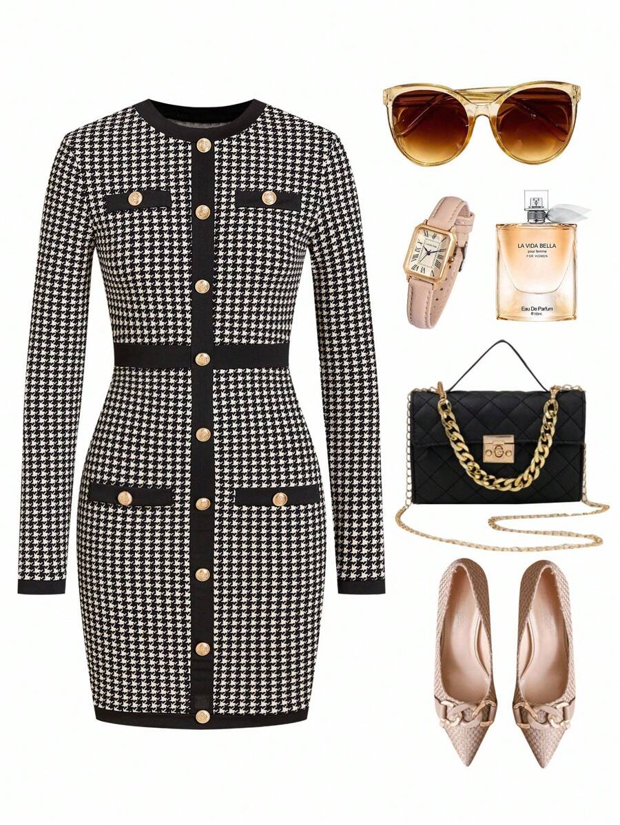 Ellevyn Váy bó sát tay dài họa tiết kẻ caro thanh lịch dành cho nữ vào mùa đông, màu sắc tương phản, chi tiết nút, thích hợp mặc trong ngày lễ - Đen và trắng - Xem 1