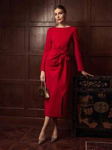 ZEYLAH 大蝴蝶结腰系带长袖连衣裙，优雅秋冬