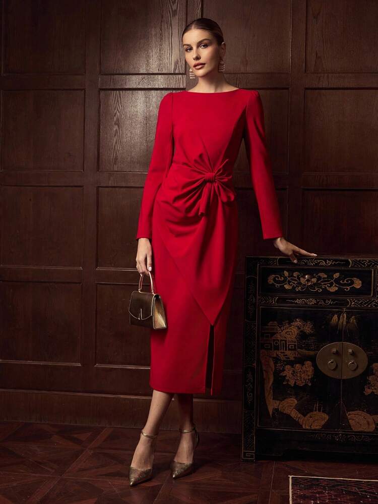 ZEYLAH Robe à manches longues avec nœud papillon à la taille, élégante pour l'automne/hiver