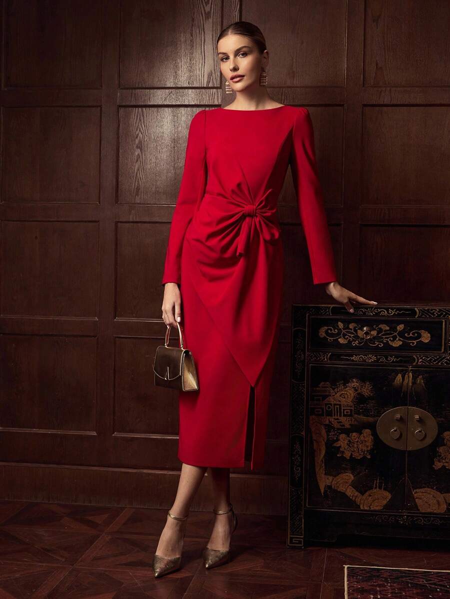 ZEYLAH 大蝴蝶结腰系带长袖连衣裙，优雅秋冬