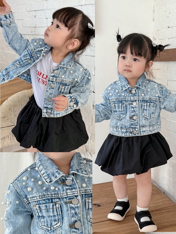 SHEIN Jachetă scurtă cu mânecă lungă și guler albastru din denim, albă, cu perle, pentru bebeluși, fete