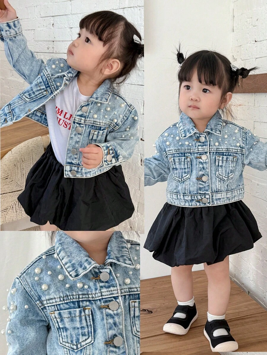 SHEIN Baby Girl White Pearl Blue Denim Lapel Long-Sleeved Short Jacket,Spring And Summer Casual Vacation Country Boho Wear Fall Winter - Light Wash - View 1