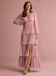 Enchnt Summer Romantic Women's PinkDeep V Neck Lantern Sleeve Layered Ruffle Hem Maxi Dress,Sweet&Elegant For Vacation&Date&Holiday&Birthday&Party&Graduation&Wedding Guest&Beach,Prom Dress,Summer Dresses For Women,Sun Dresses For Women,Summer Clothes,Summer Outfits For Women,Elegant Dresses For Party, - Dusty Pink - View 3