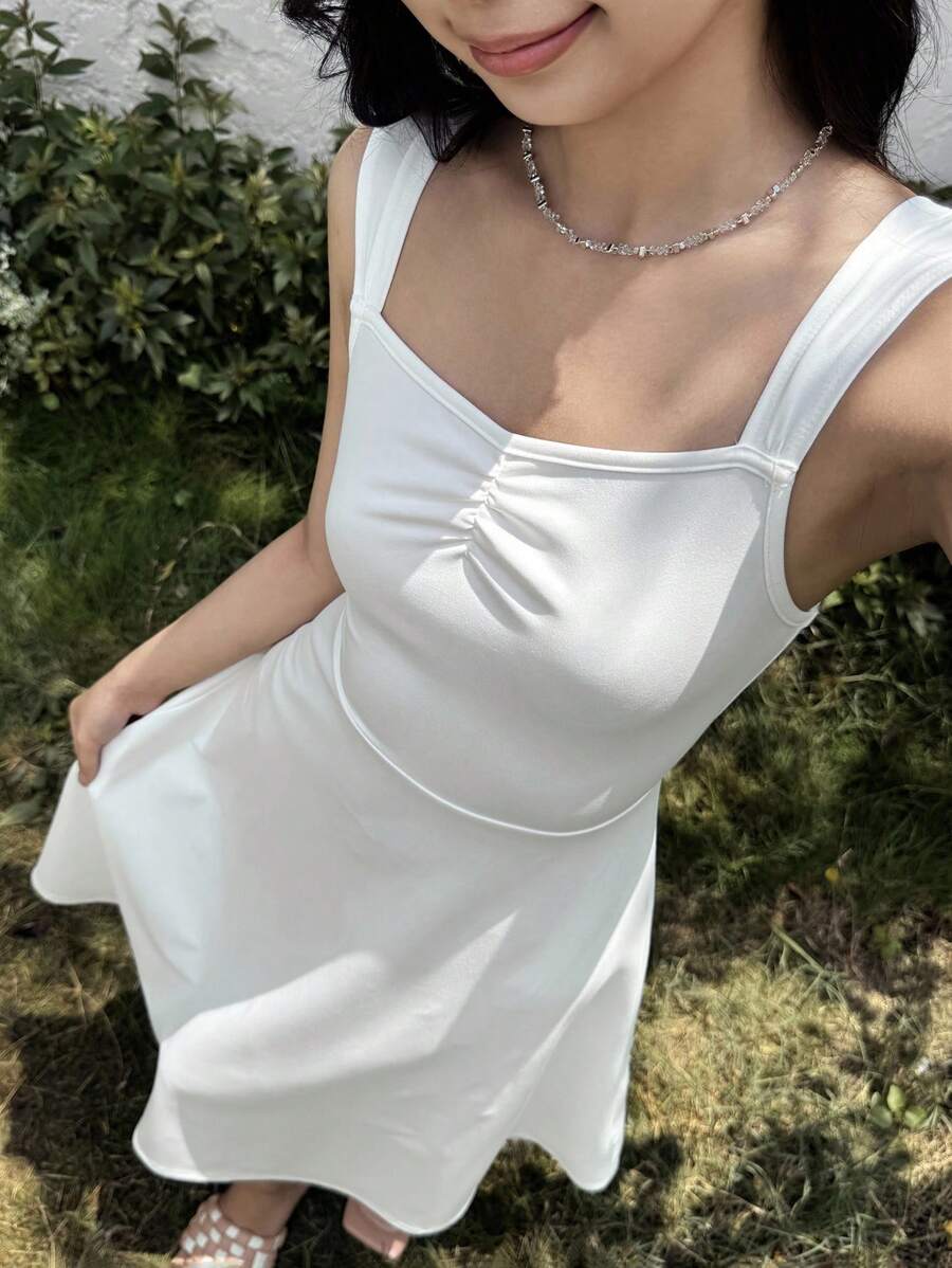 SHEIN Teen Girl Casual Minimalist Comfortable Sleeveless Elegant A-Line Cinched Waist Sundress - White - View 1