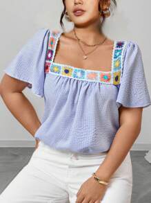 Elenzga Plus Size Summer New Floral Patchwork French Square Collar Pullover Sweater For Women, Fashion Chic Striped Short Sleeve T-Shirt For Women, Fashionable Unique Summer Baggy Smock Top Blouse For Plus Size Figure