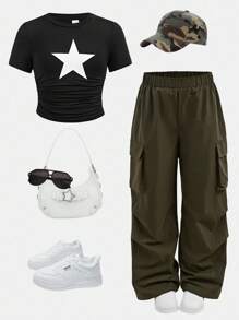 SHEIN Girlism 2 件套青少年女孩星星印花紧身 T 恤 + 宽松工装裤，休闲时尚百搭开学装 - 黑色 - 查看 1