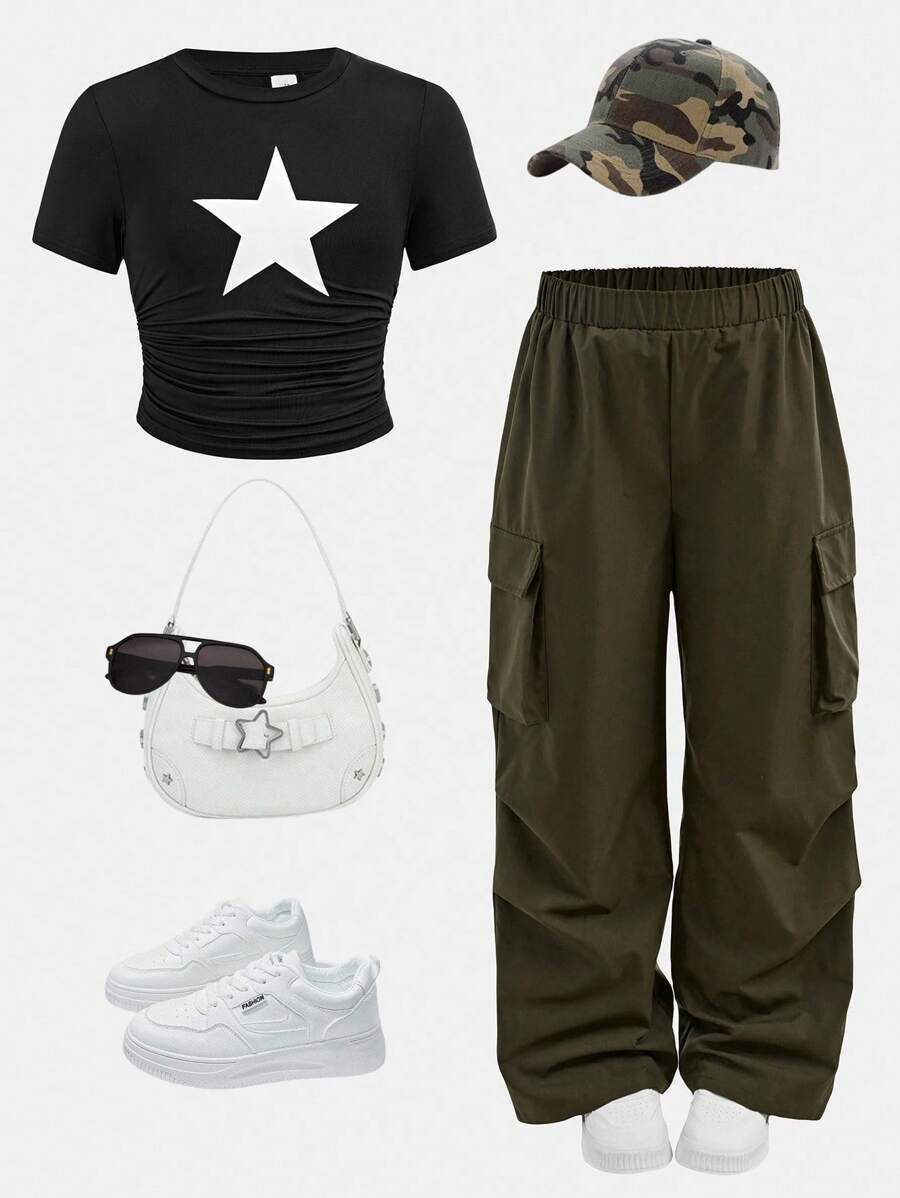 SHEIN Girlism 2 件套青少年女孩星星印花紧身 T 恤 + 宽松工装裤，休闲时尚百搭开学装 - 黑色 - 查看 1