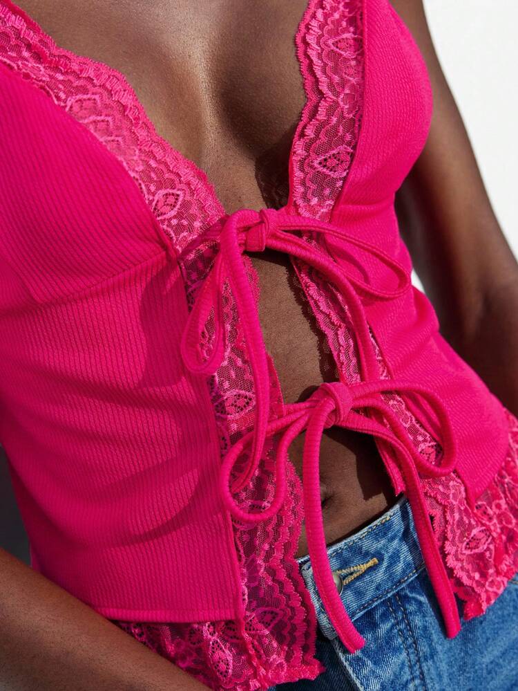 SHEIN Maija Women's Pitaya Color Contrast Lace Front Tie Fashionable Camisole Top, Sexy Beachwear Vacation Brunch Top, Cold Shoulder Bohemian Beach