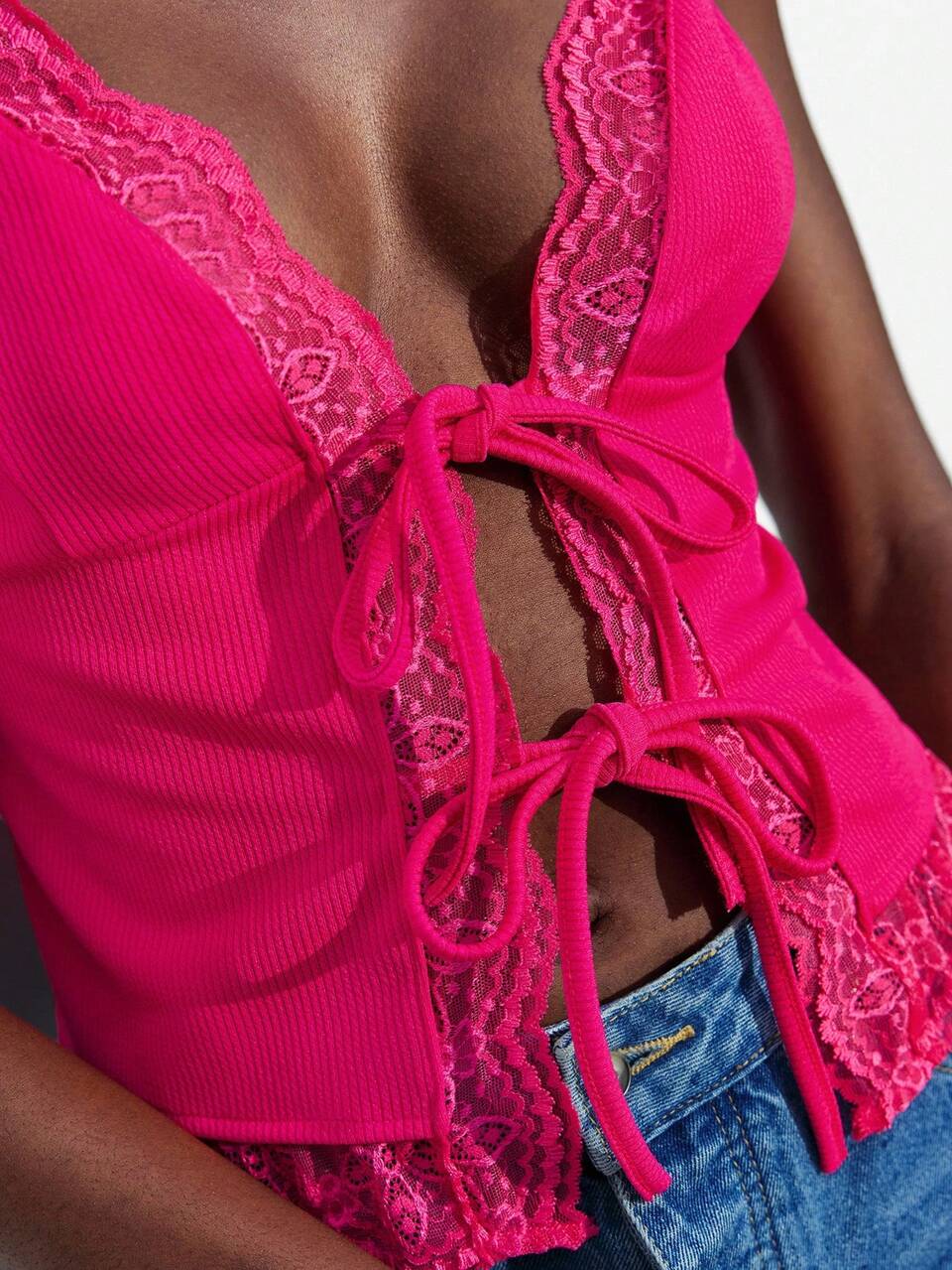 SHEIN Maija Women's Pitaya Color Contrast Lace Front Tie Fashionable Camisole Top, Sexy Beachwear Vacation Brunch Top, Cold Shoulder Bohemian Beach