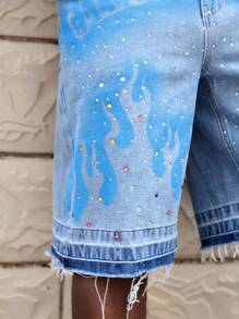 ROMWE MEN Street Life Pantalones cortos vaqueros de hombre con decoración de rhinestones e impresión, aptos para primavera/verano - Azul - Ver 3