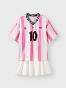 JNSQ 秋季开学季青少年女孩户外运动宽松T恤和短裙套装 - 彩色 - 查看 17