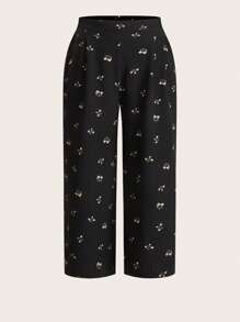 SHEIN Essnce Plus Size Women's Spring And Summer Fashion Casual Loose Comfortable Daily Cool Black Small Floral Cropped Pants Wide Leg Pants, Women Bottom,Baggy Pants,Vacation Outfits,Going Out Clothes,Flowy Pants