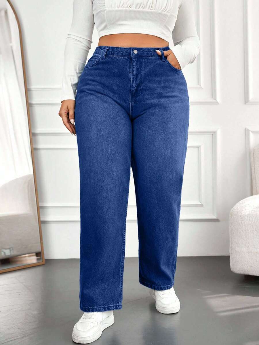 EURMUSE 100%纯棉高腰直筒牛仔裤 - 中等水洗藍 - 查看 1