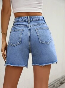 Casual Distressed Hem Loose Denim Shorts - Medium Wash - View 2