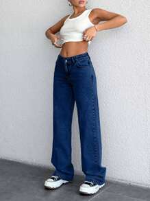 EURMUSE 100% Cotton Low Waist Snow Wash Wide Leg Jeans - Dark Wash - View 4