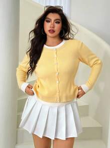 SHEIN EZwear 大码女式休闲长袖单排扣针织开衫 - 黃色 - 查看 6