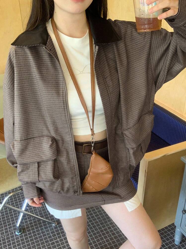 2pcs Women Casual Plaid Jacket And Skirt Set Fall,Winter Lounge Sets For Women